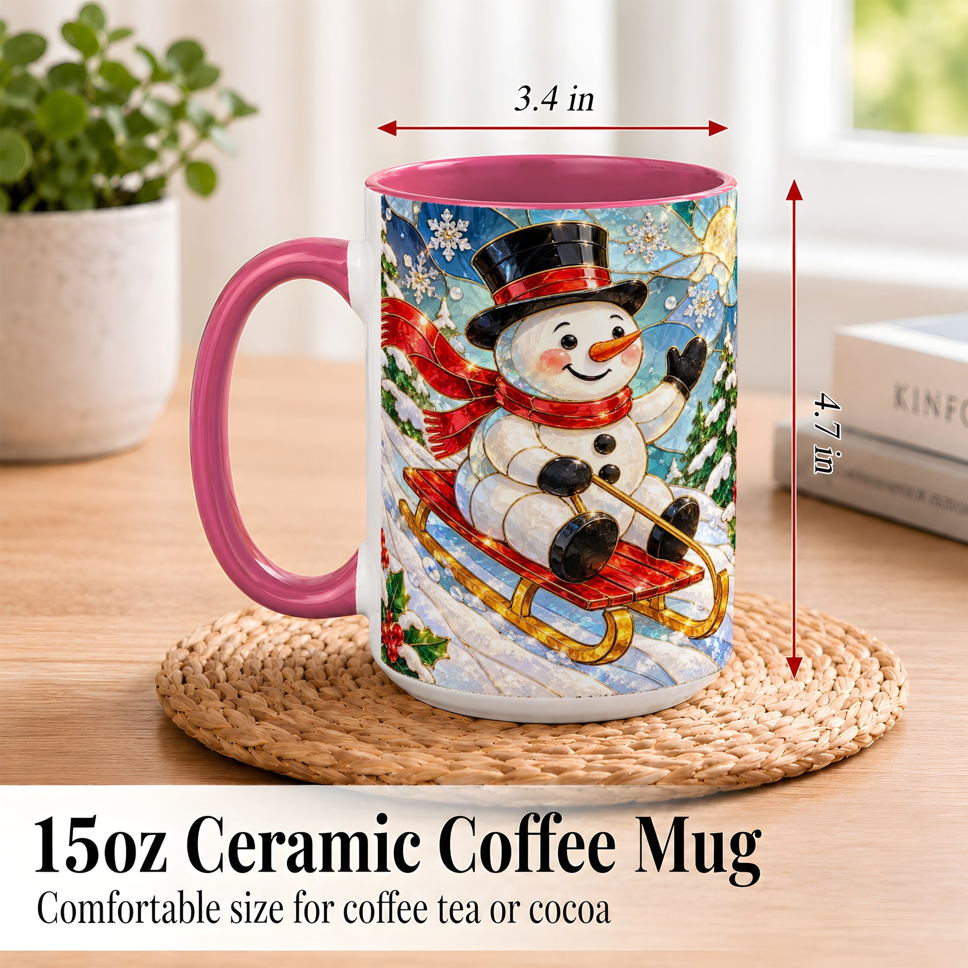 #pl[15oz|Pink] Sledding Snowman Coffee Mug, Stained Glass Style Mug, Ceramic Cup