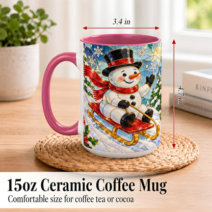#pl[15oz|Pink] Sledding Snowman Coffee Mug, Stained Glass Style Mug, Ceramic Cup