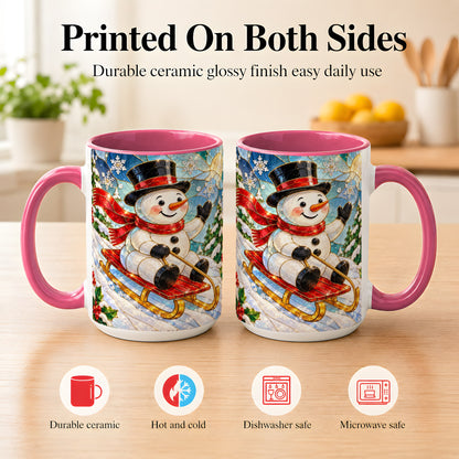 #pl[15oz|Pink] Sledding Snowman Coffee Mug, Stained Glass Style Mug, Ceramic Cup