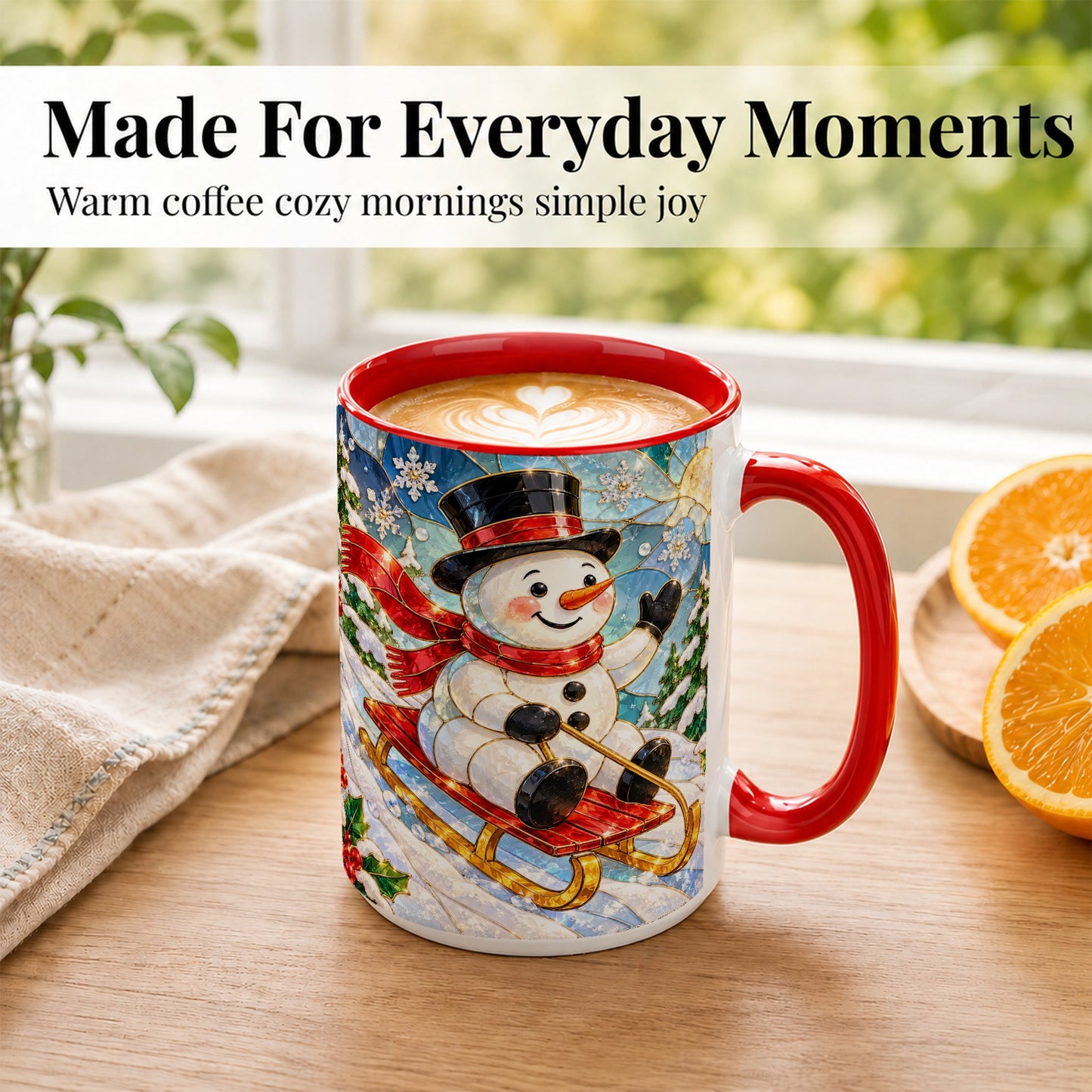 #pl[15oz|Red] Sledding Snowman Coffee Mug, Stained Glass Style Mug, Ceramic Cup