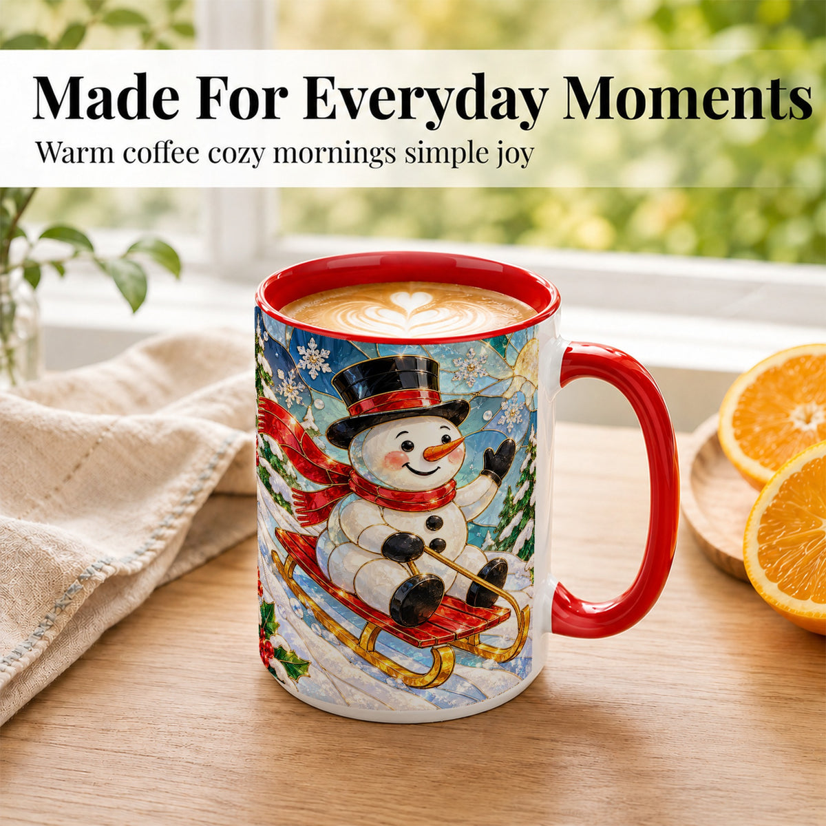 #pl[15oz|Red] Sledding Snowman Coffee Mug, Stained Glass Style Mug, Ceramic Cup