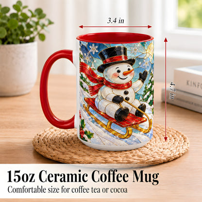 #pl[15oz|Red] Sledding Snowman Coffee Mug, Stained Glass Style Mug, Ceramic Cup