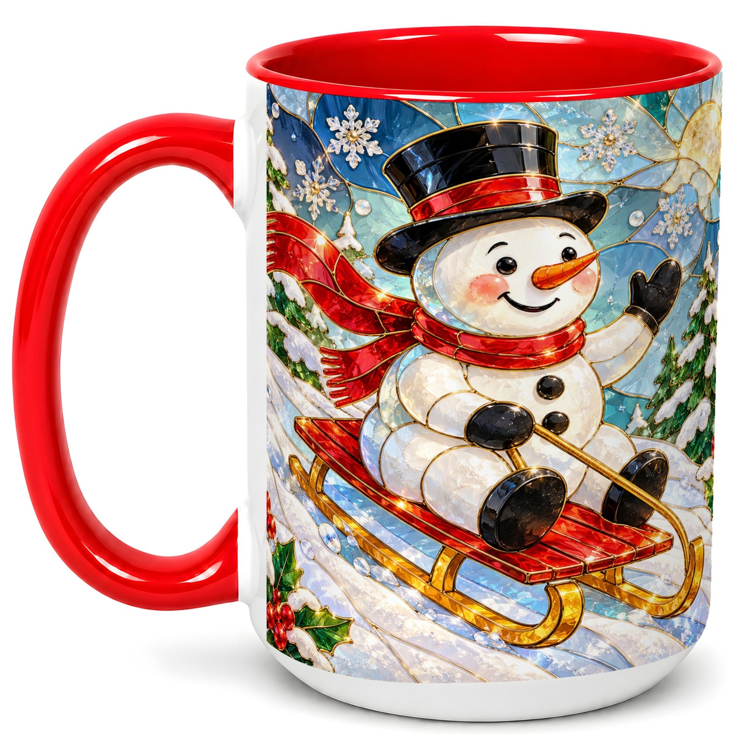 #pl[15oz|Red] Sledding Snowman Coffee Mug, Stained Glass Style Mug, Ceramic Cup