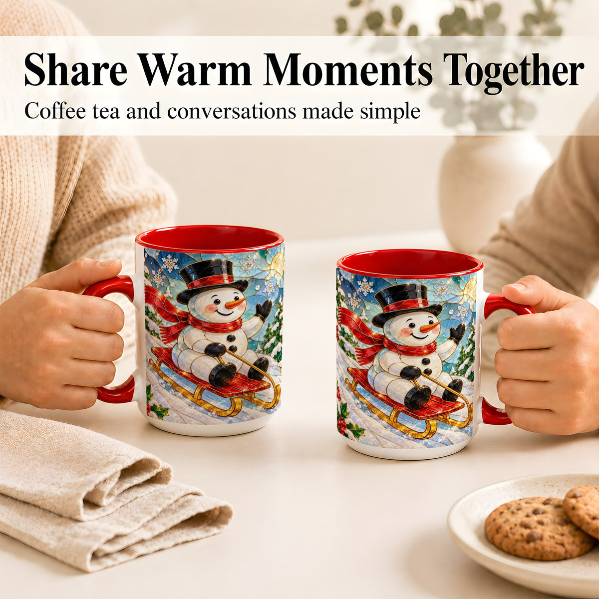 #pl[15oz|Red] Sledding Snowman Coffee Mug, Stained Glass Style Mug, Ceramic Cup