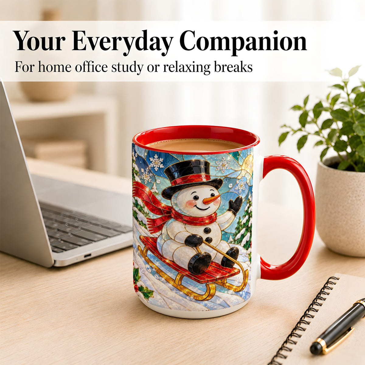 #pl[15oz|Red] Sledding Snowman Coffee Mug, Stained Glass Style Mug, Ceramic Cup