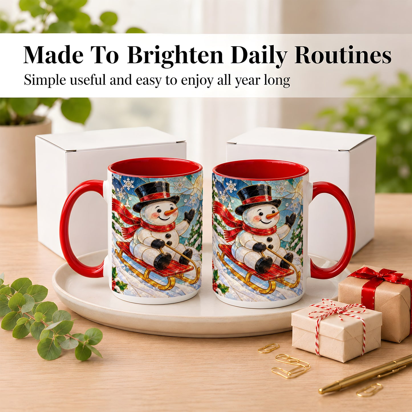 #pl[15oz|Red] Sledding Snowman Coffee Mug, Stained Glass Style Mug, Ceramic Cup