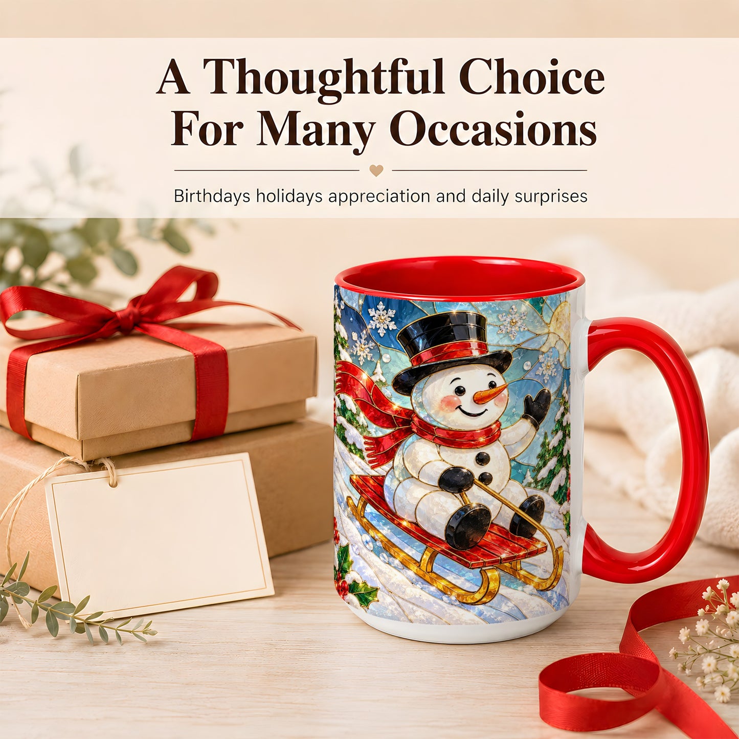 #pl[15oz|Red] Sledding Snowman Coffee Mug, Stained Glass Style Mug, Ceramic Cup