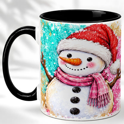 #pl[11oz|Black] Watercolor Snowman Coffee Mug, Pink Winter Snowman Mug, Ceramic Cup