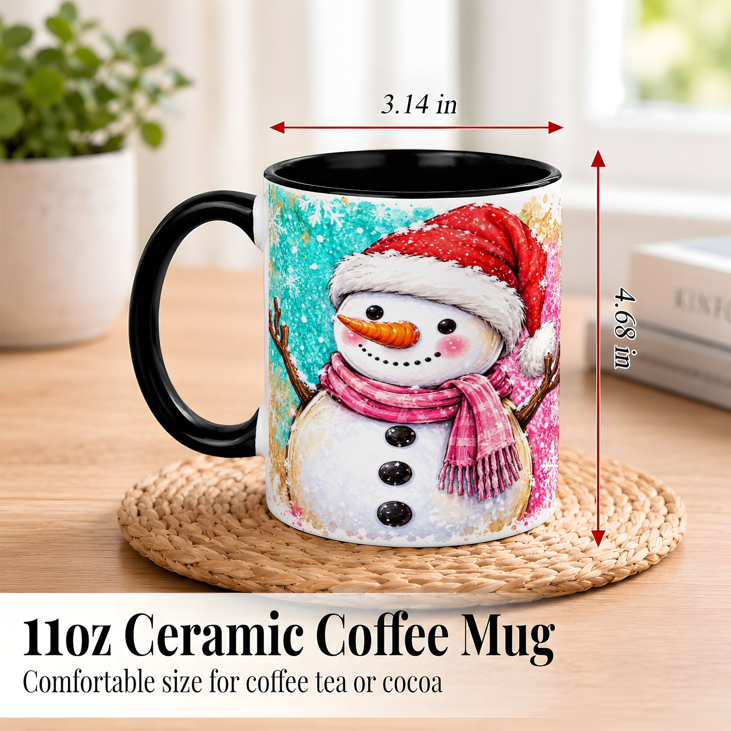 #pl[11oz|Black] Watercolor Snowman Coffee Mug, Pink Winter Snowman Mug, Ceramic Cup
