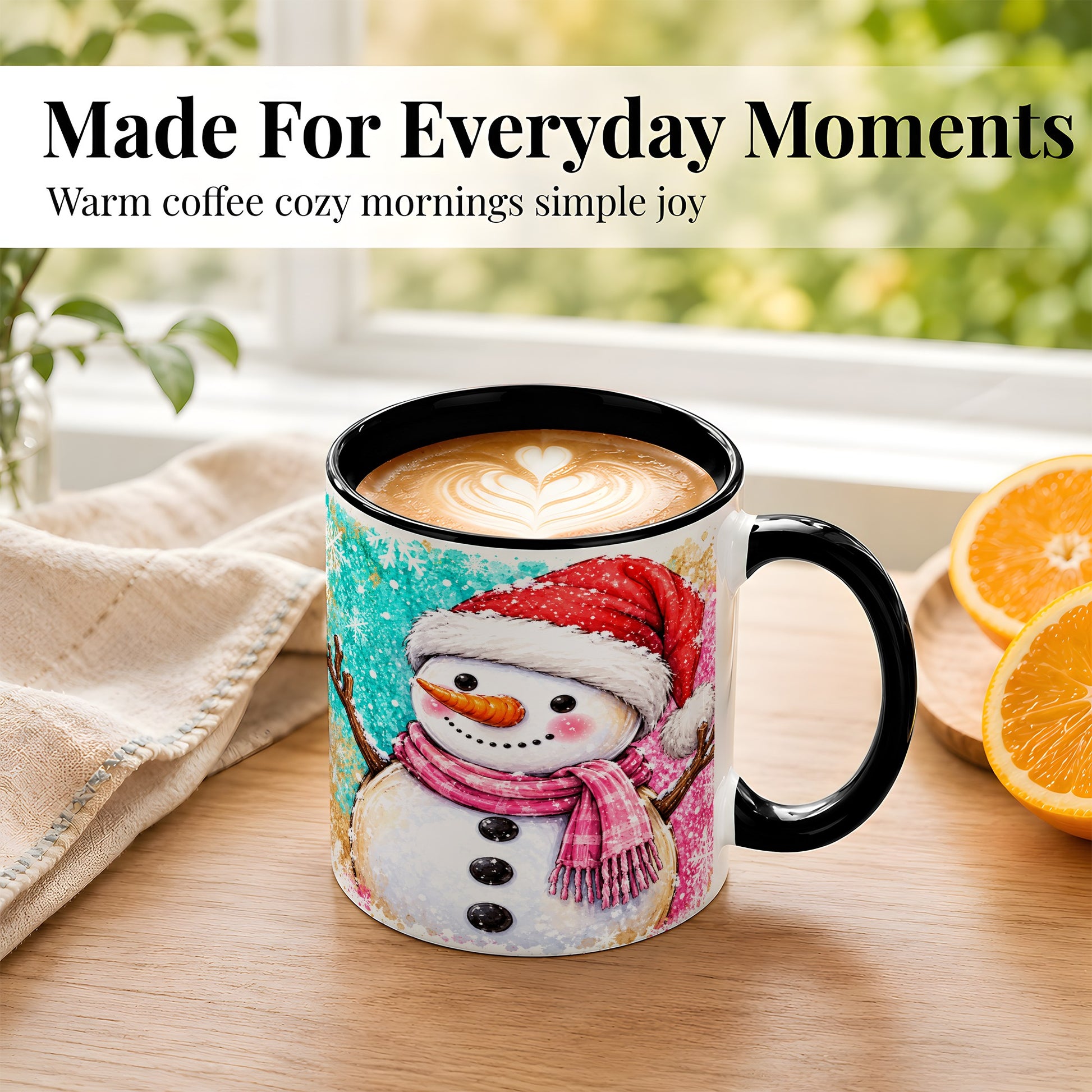 #pl[11oz|Black] Watercolor Snowman Coffee Mug, Pink Winter Snowman Mug, Ceramic Cup