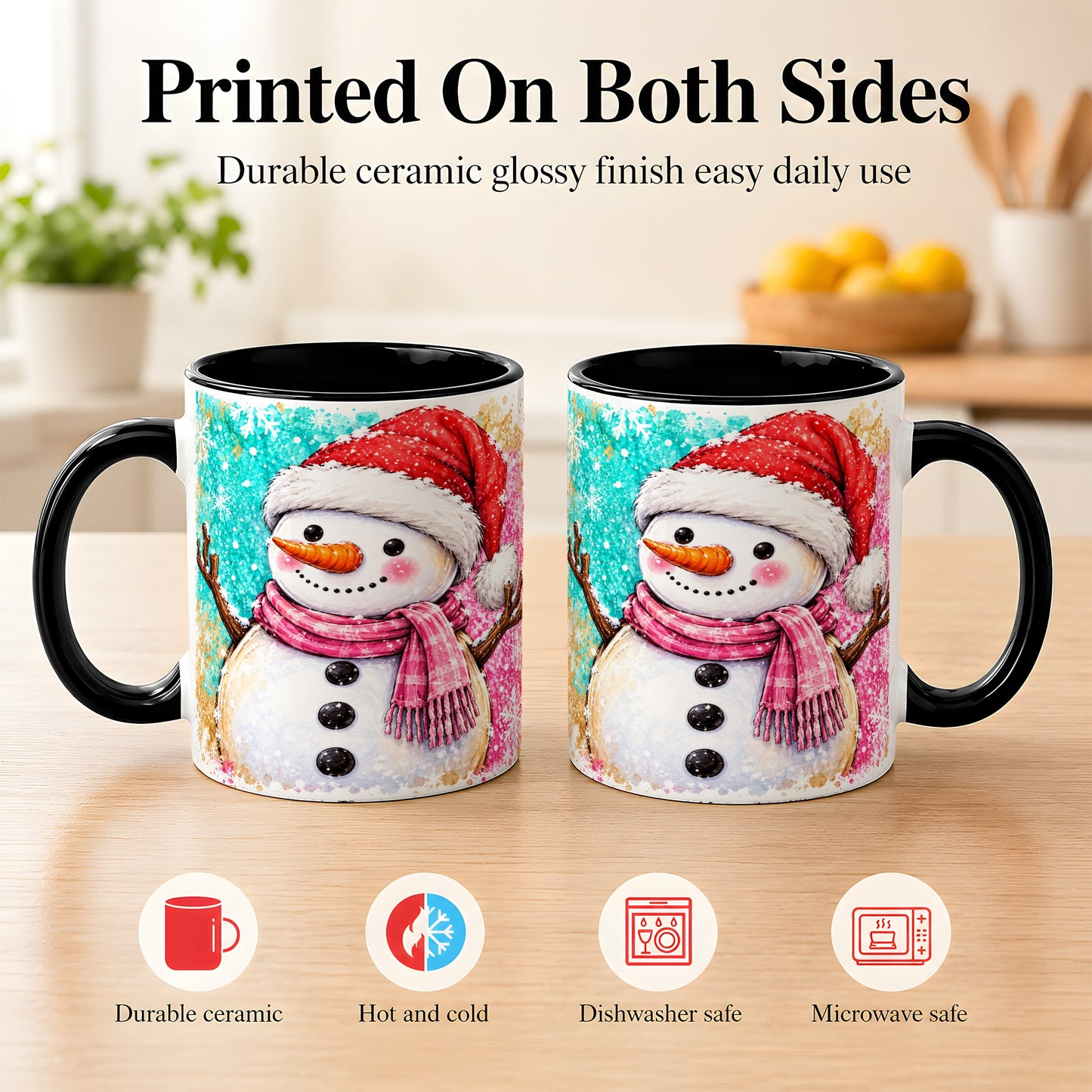 #pl[11oz|Black] Watercolor Snowman Coffee Mug, Pink Winter Snowman Mug, Ceramic Cup