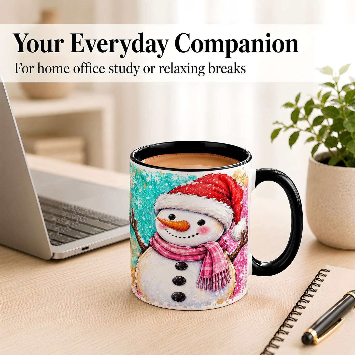 #pl[11oz|Black] Watercolor Snowman Coffee Mug, Pink Winter Snowman Mug, Ceramic Cup
