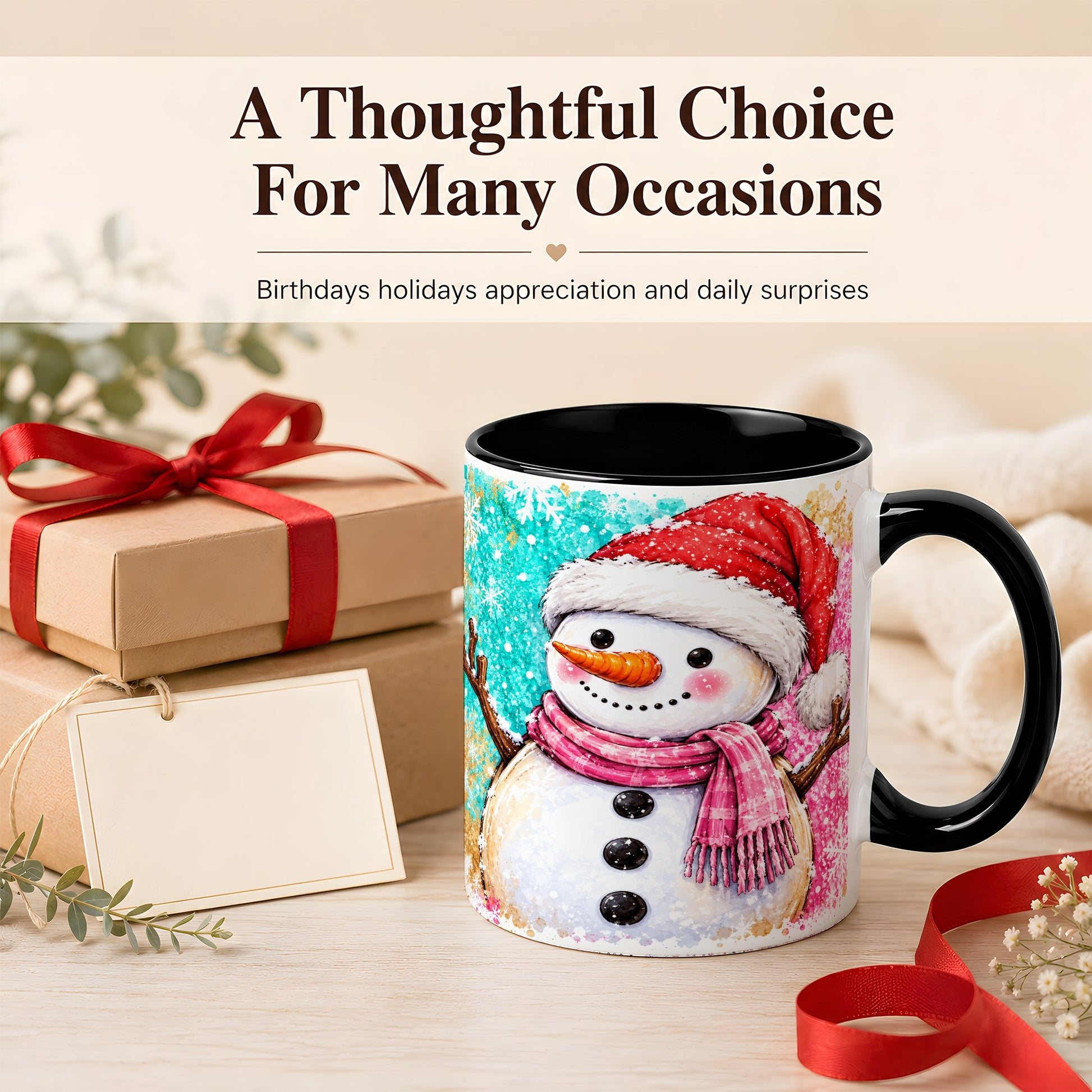 #pl[11oz|Black] Watercolor Snowman Coffee Mug, Pink Winter Snowman Mug, Ceramic Cup