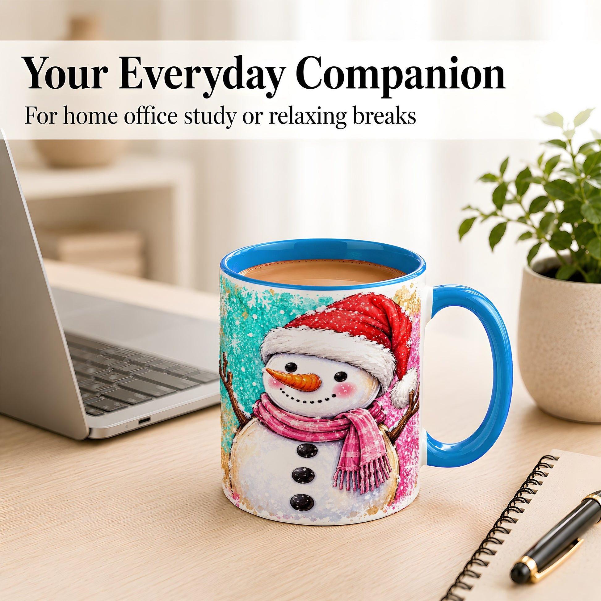 #pl[11oz|Blue] Watercolor Snowman Coffee Mug, Pink Winter Snowman Mug, Ceramic Cup