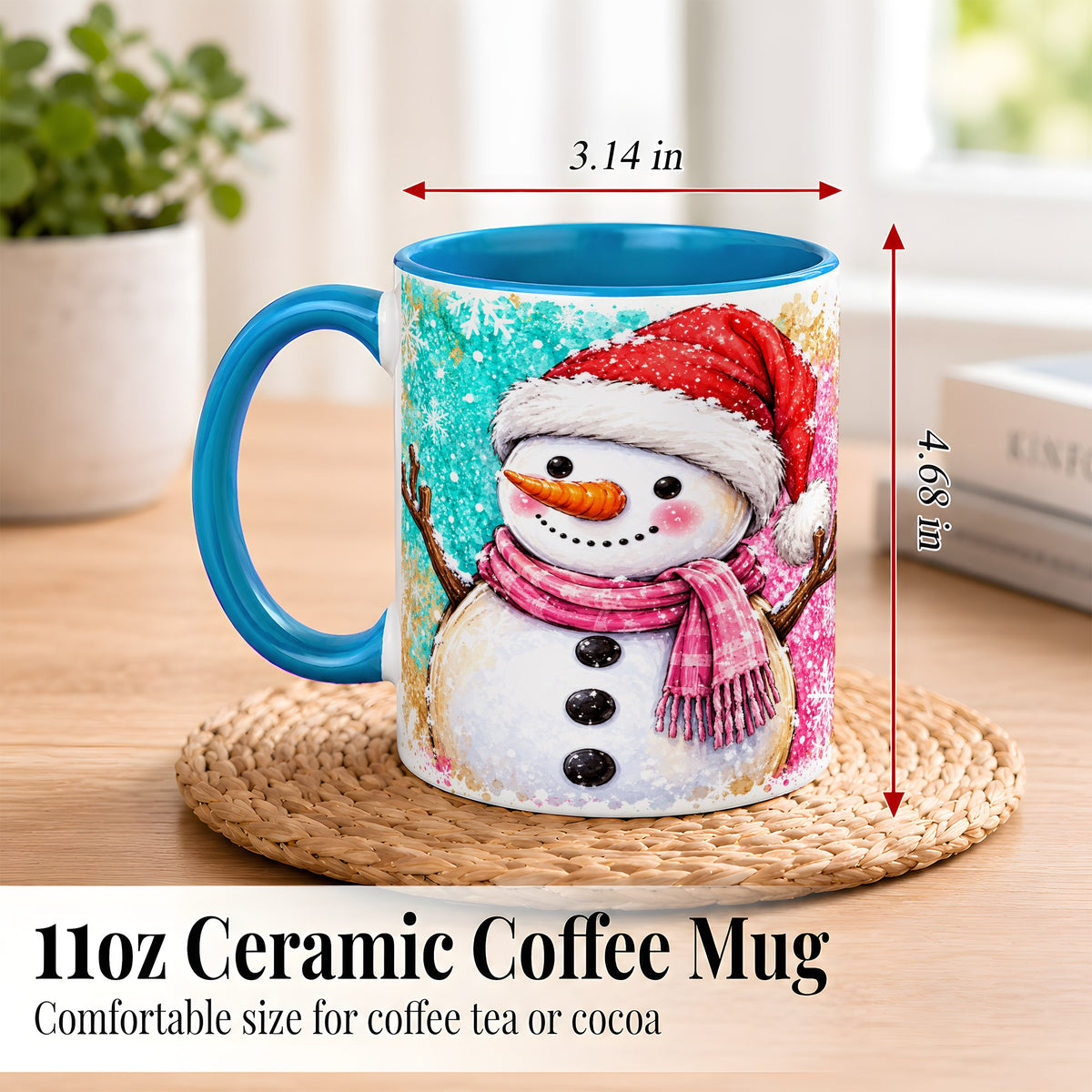 #pl[11oz|Blue] Watercolor Snowman Coffee Mug, Pink Winter Snowman Mug, Ceramic Cup