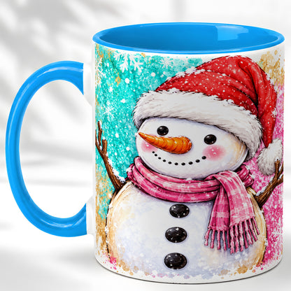 #pl[11oz|Blue] Watercolor Snowman Coffee Mug, Pink Winter Snowman Mug, Ceramic Cup