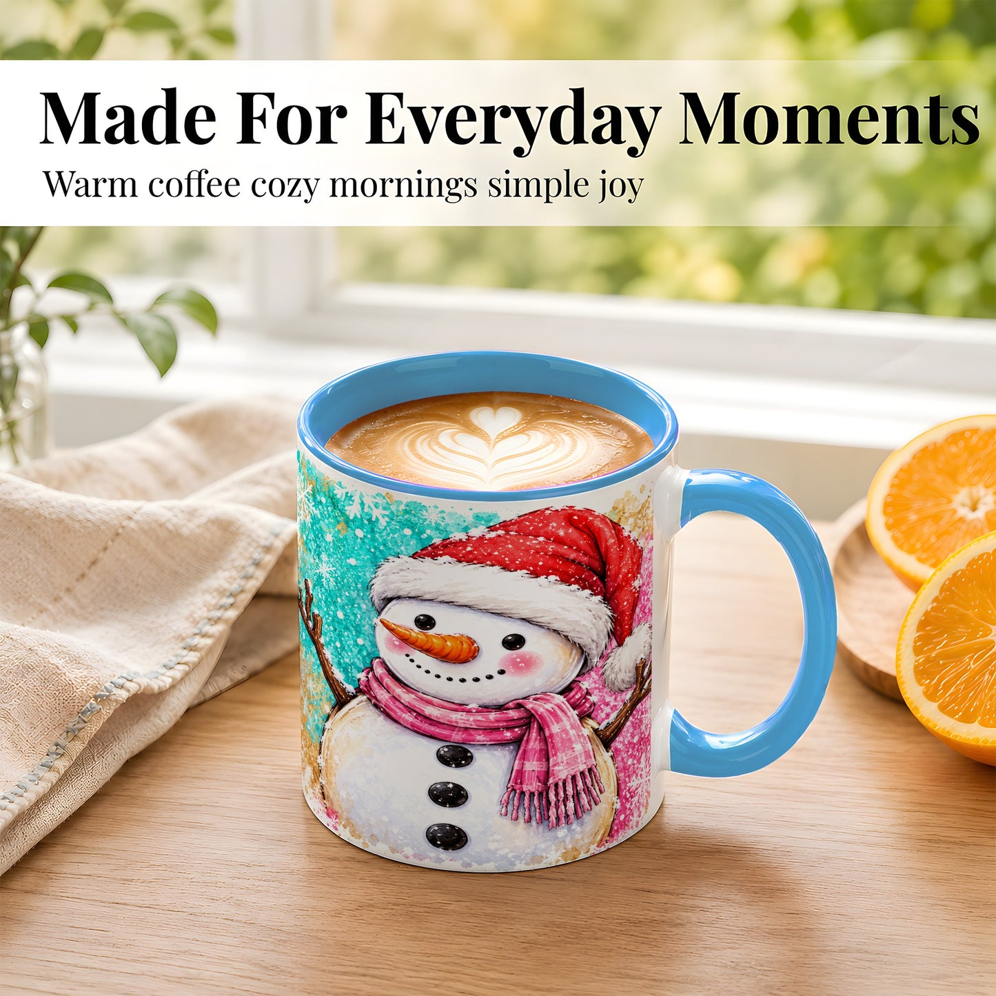 #pl[11oz|Blue] Watercolor Snowman Coffee Mug, Pink Winter Snowman Mug, Ceramic Cup