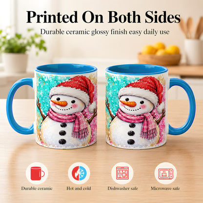 #pl[11oz|Blue] Watercolor Snowman Coffee Mug, Pink Winter Snowman Mug, Ceramic Cup