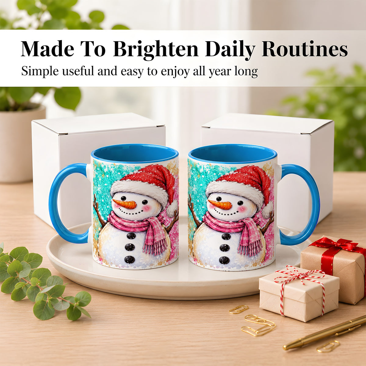 #pl[11oz|Blue] Watercolor Snowman Coffee Mug, Pink Winter Snowman Mug, Ceramic Cup
