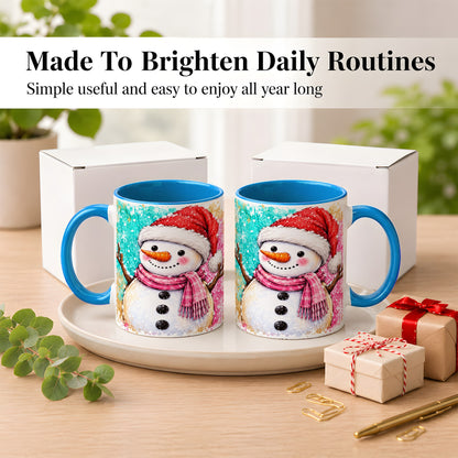#pl[11oz|Blue] Watercolor Snowman Coffee Mug, Pink Winter Snowman Mug, Ceramic Cup