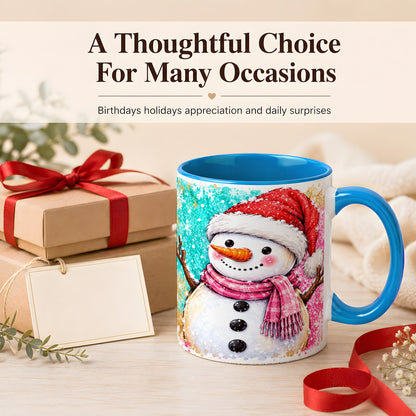 #pl[11oz|Blue] Watercolor Snowman Coffee Mug, Pink Winter Snowman Mug, Ceramic Cup