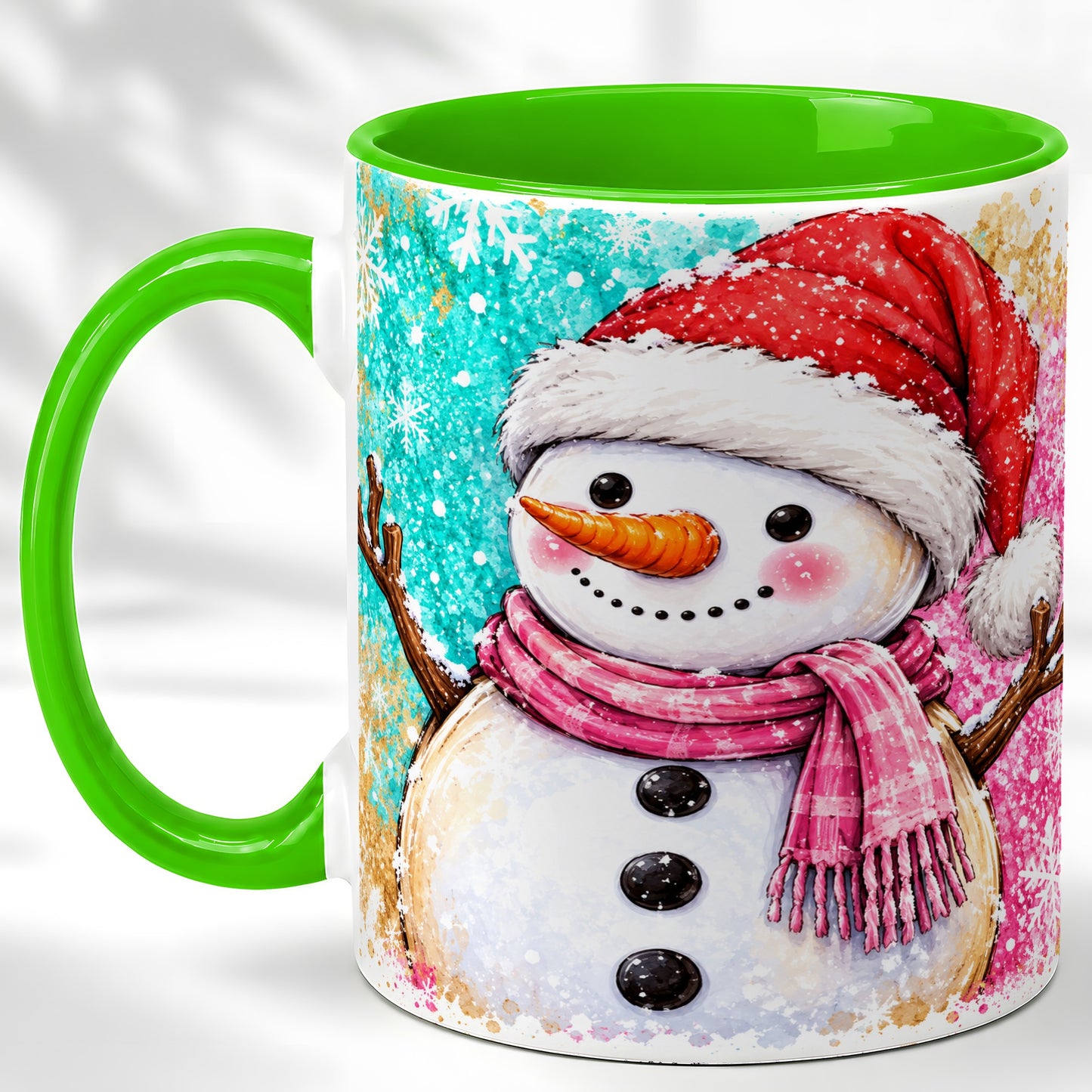 #pl[11oz|Green] Watercolor Snowman Coffee Mug, Pink Winter Snowman Mug, Ceramic Cup