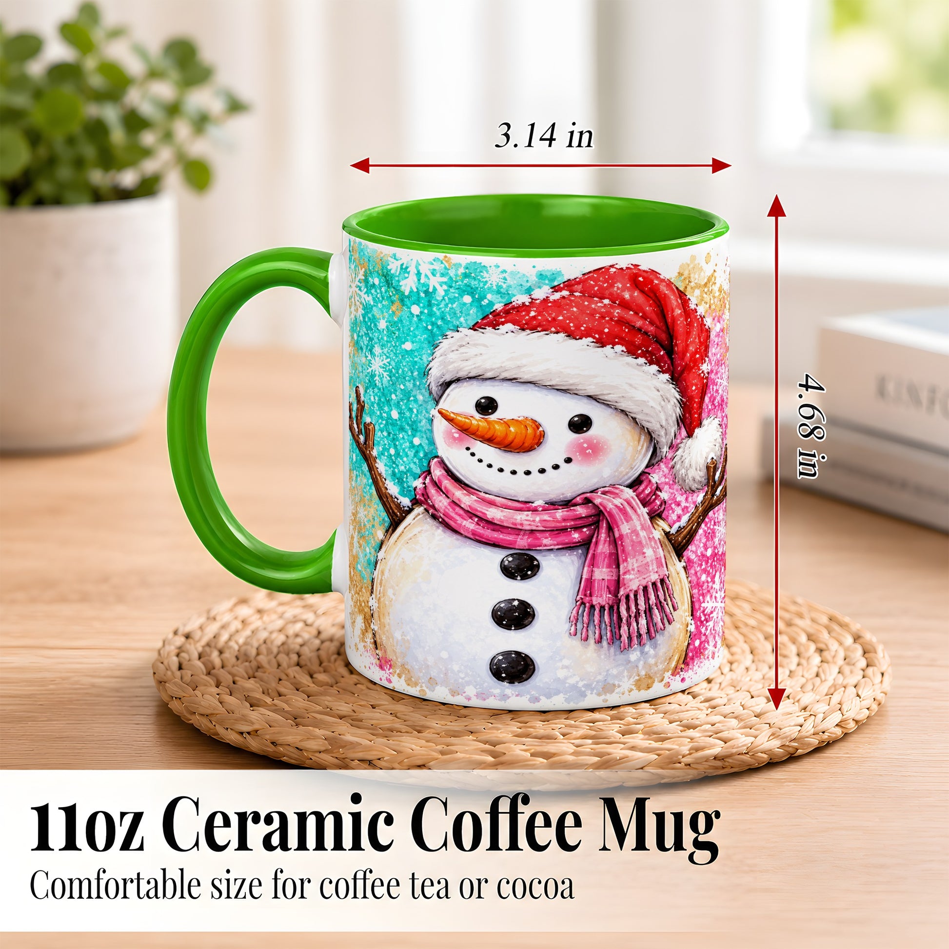 #pl[11oz|Green] Watercolor Snowman Coffee Mug, Pink Winter Snowman Mug, Ceramic Cup