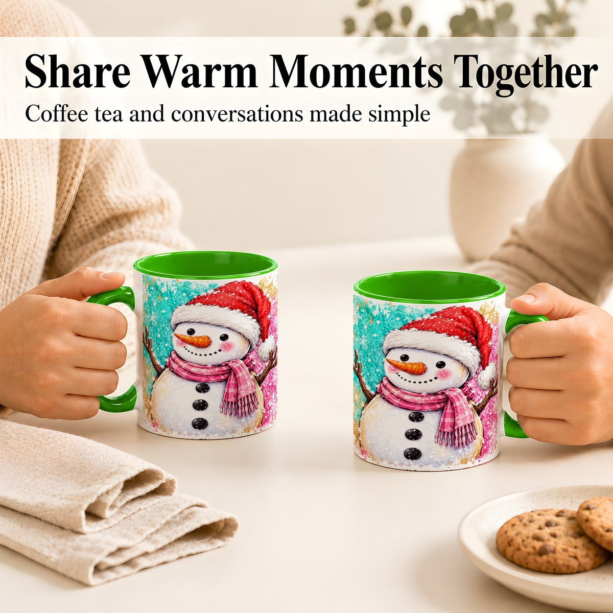 #pl[11oz|Green] Watercolor Snowman Coffee Mug, Pink Winter Snowman Mug, Ceramic Cup