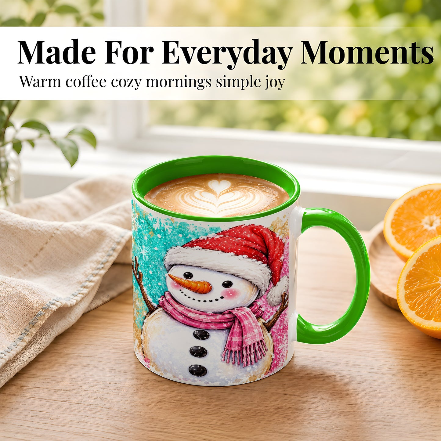 #pl[11oz|Green] Watercolor Snowman Coffee Mug, Pink Winter Snowman Mug, Ceramic Cup