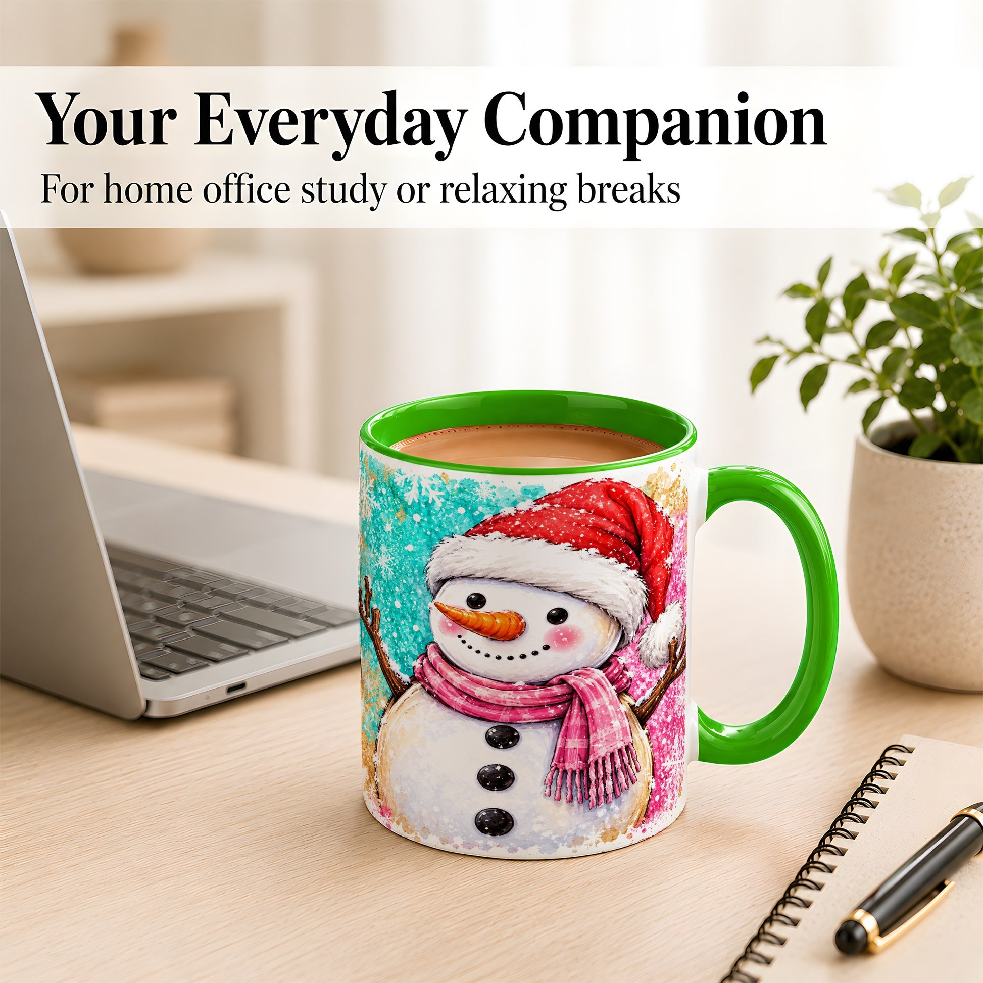#pl[11oz|Green] Watercolor Snowman Coffee Mug, Pink Winter Snowman Mug, Ceramic Cup
