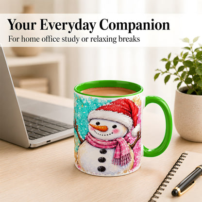 #pl[11oz|Green] Watercolor Snowman Coffee Mug, Pink Winter Snowman Mug, Ceramic Cup