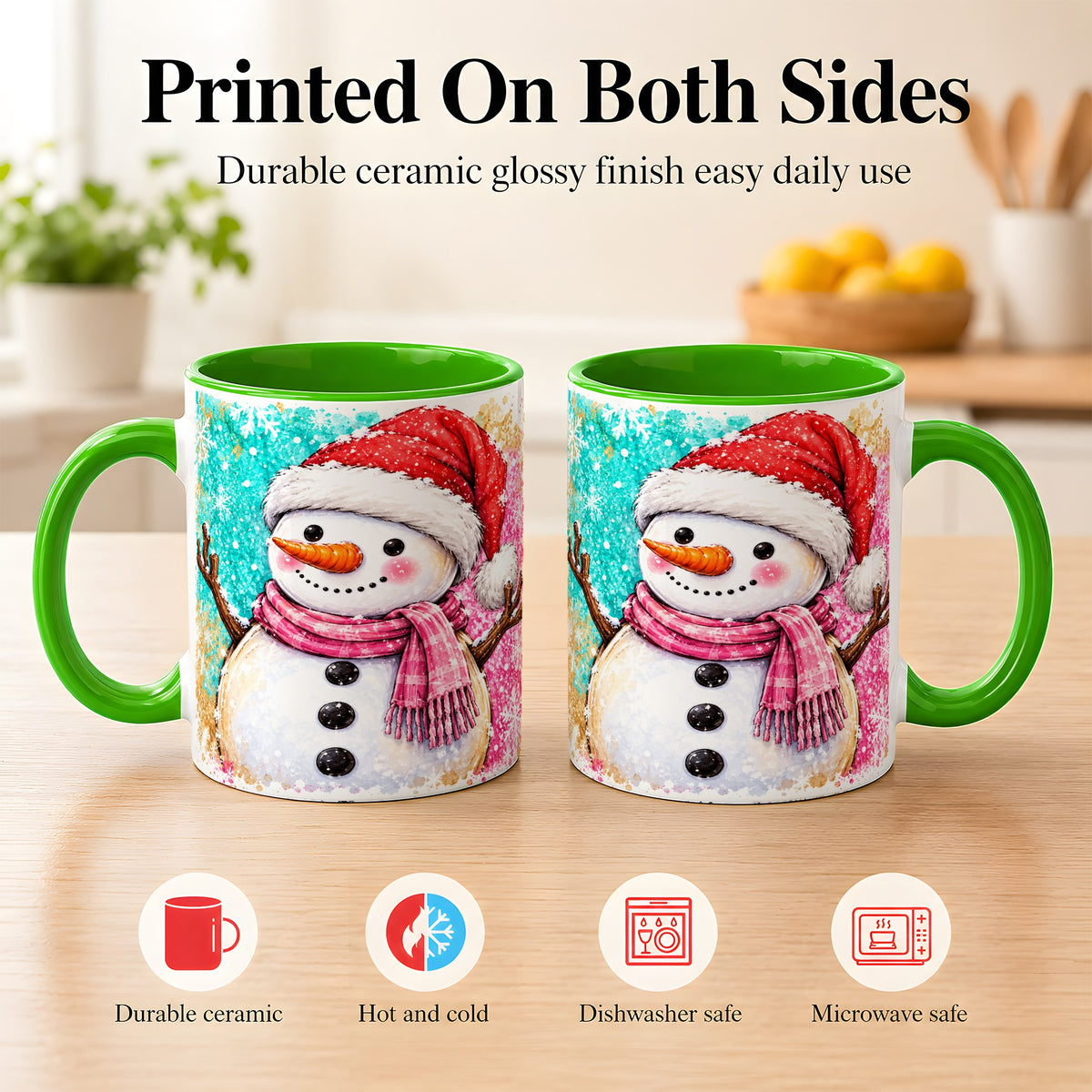 #pl[11oz|Green] Watercolor Snowman Coffee Mug, Pink Winter Snowman Mug, Ceramic Cup