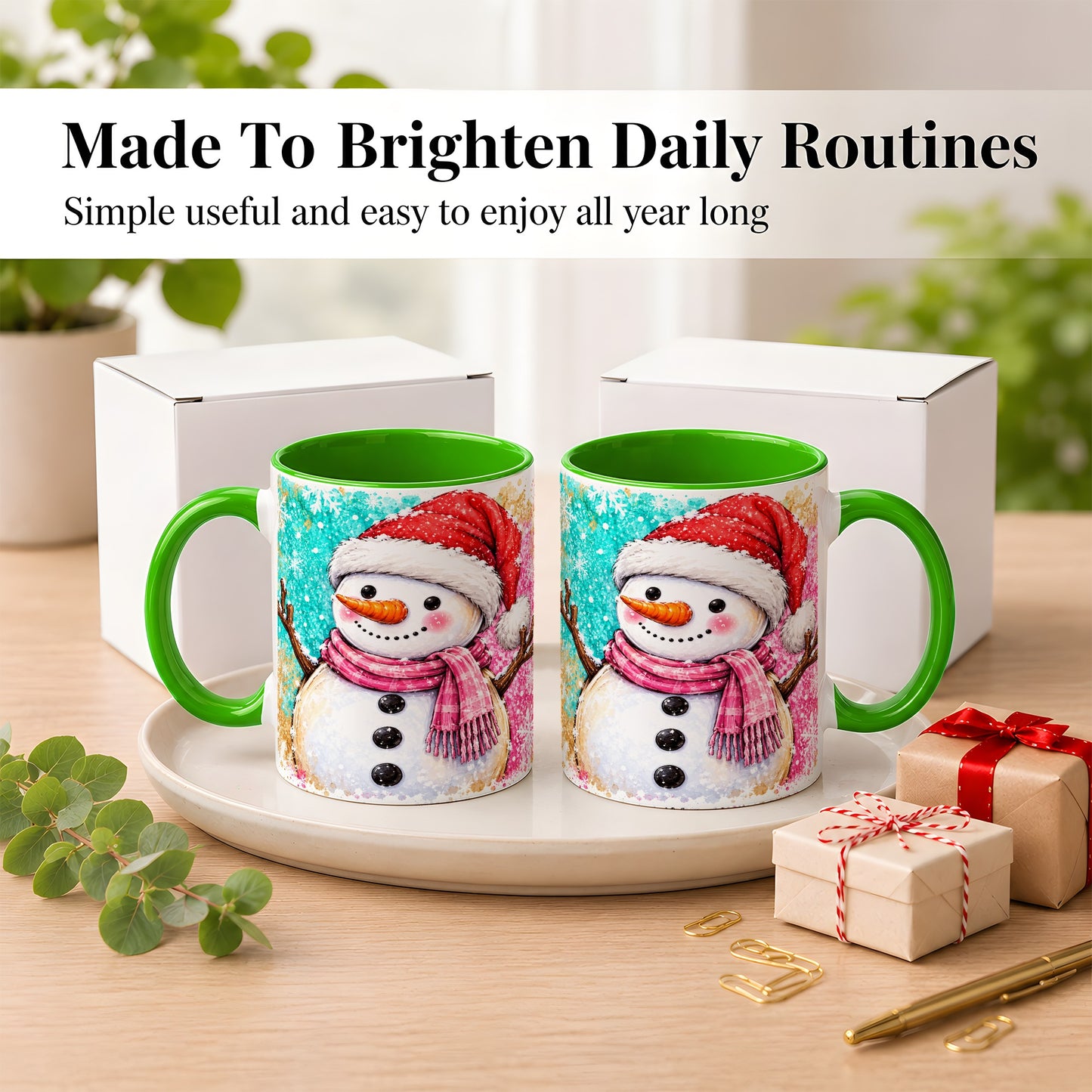 #pl[11oz|Green] Watercolor Snowman Coffee Mug, Pink Winter Snowman Mug, Ceramic Cup