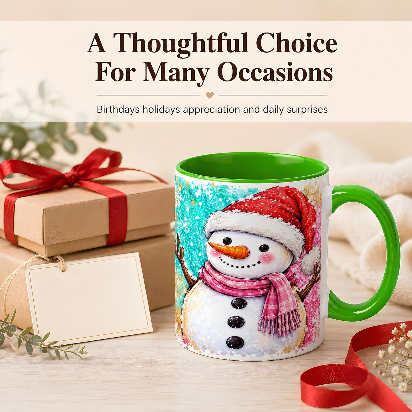 #pl[11oz|Green] Watercolor Snowman Coffee Mug, Pink Winter Snowman Mug, Ceramic Cup