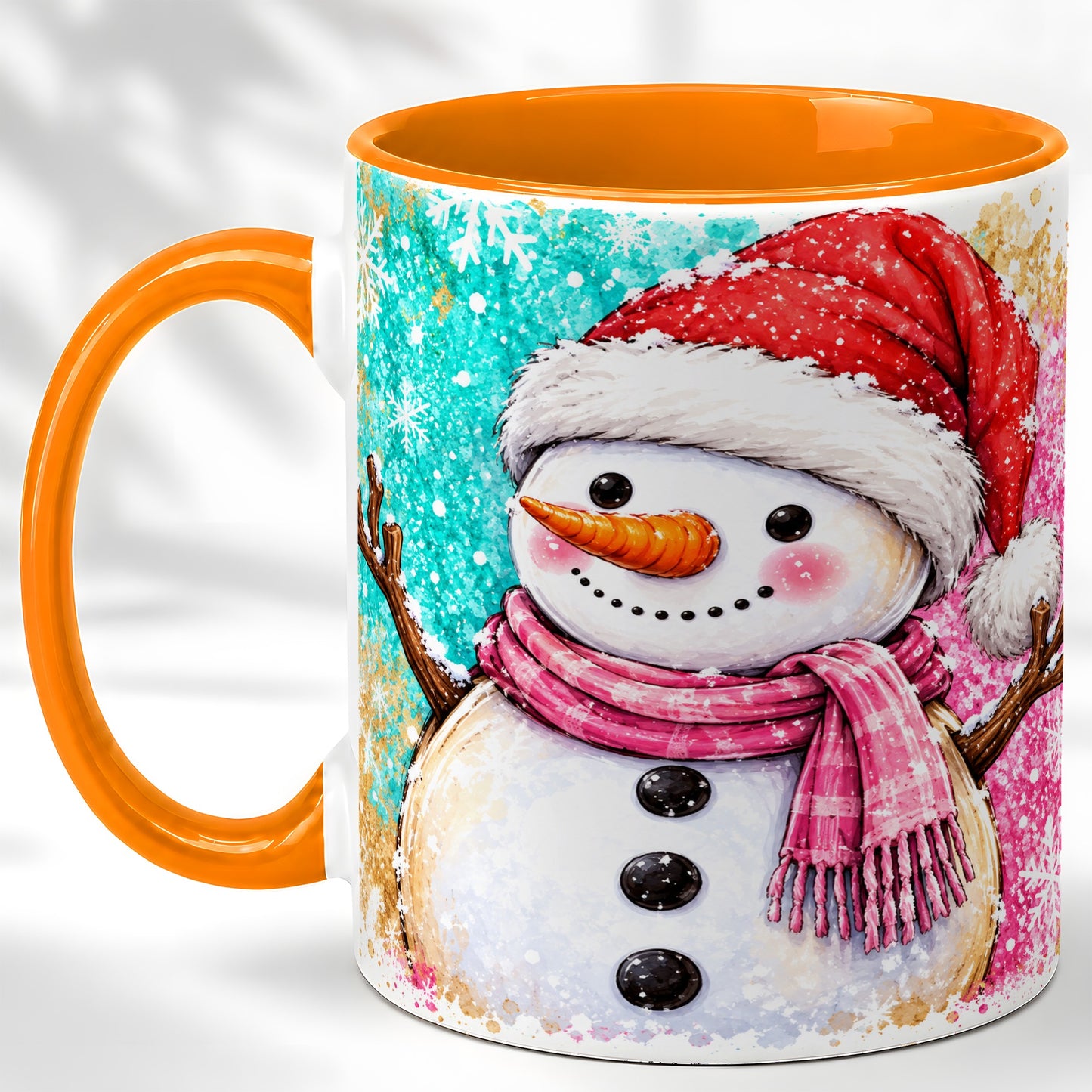 #pl[11oz|Orange] Watercolor Snowman Coffee Mug, Pink Winter Snowman Mug, Ceramic Cup