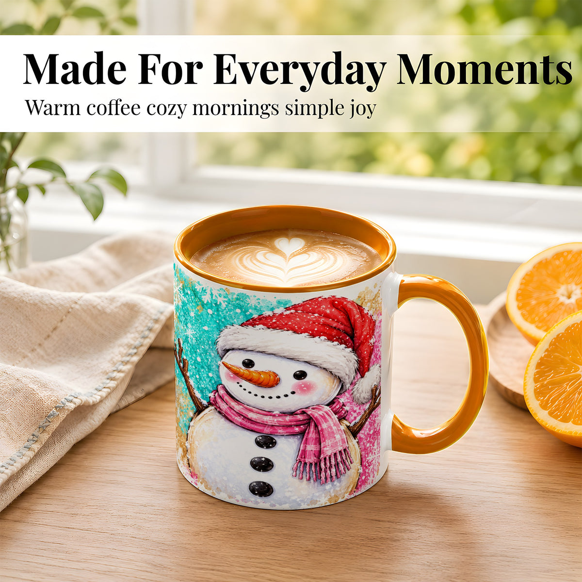 #pl[11oz|Orange] Watercolor Snowman Coffee Mug, Pink Winter Snowman Mug, Ceramic Cup