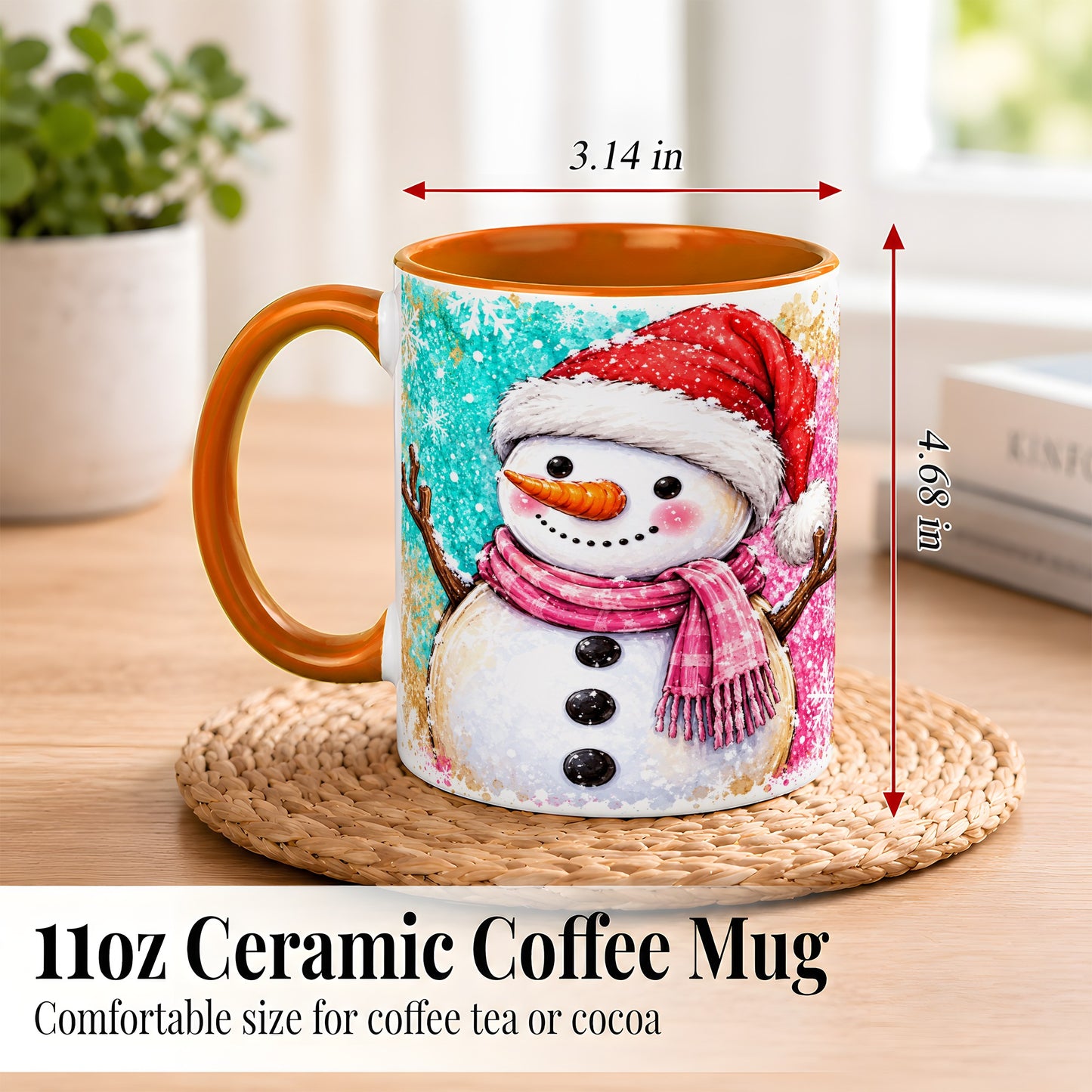 #pl[11oz|Orange] Watercolor Snowman Coffee Mug, Pink Winter Snowman Mug, Ceramic Cup