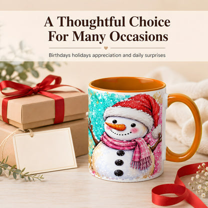 #pl[11oz|Orange] Watercolor Snowman Coffee Mug, Pink Winter Snowman Mug, Ceramic Cup