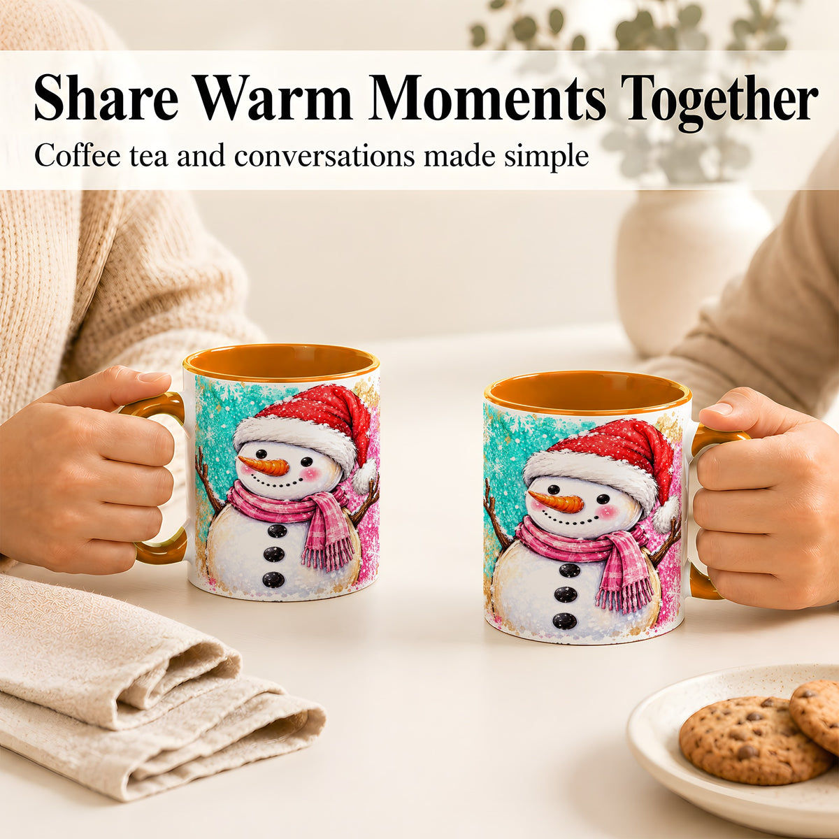 #pl[11oz|Orange] Watercolor Snowman Coffee Mug, Pink Winter Snowman Mug, Ceramic Cup
