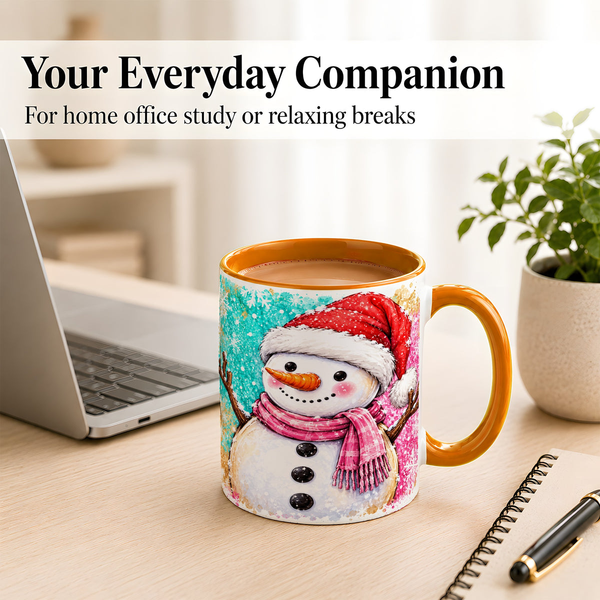 #pl[11oz|Orange] Watercolor Snowman Coffee Mug, Pink Winter Snowman Mug, Ceramic Cup