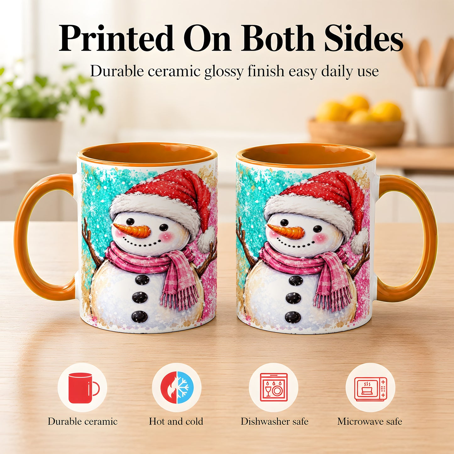 #pl[11oz|Orange] Watercolor Snowman Coffee Mug, Pink Winter Snowman Mug, Ceramic Cup
