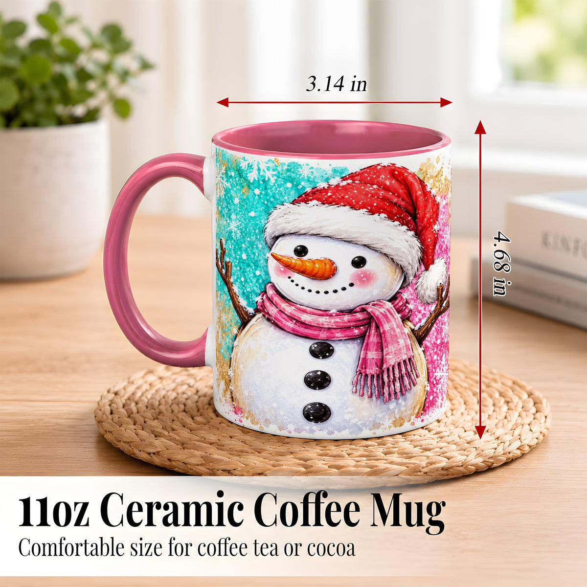 #pl[11oz|Pink] Watercolor Snowman Coffee Mug, Pink Winter Snowman Mug, Ceramic Cup