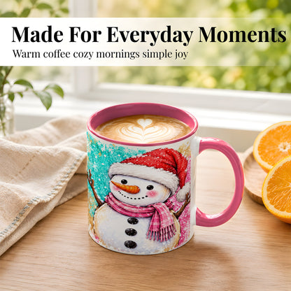 #pl[11oz|Pink] Watercolor Snowman Coffee Mug, Pink Winter Snowman Mug, Ceramic Cup