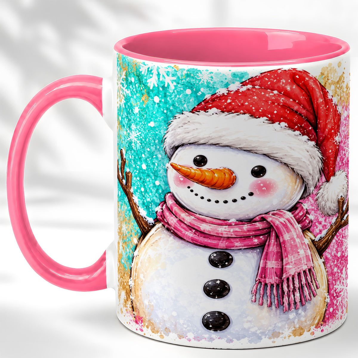 #pl[11oz|Pink] Watercolor Snowman Coffee Mug, Pink Winter Snowman Mug, Ceramic Cup
