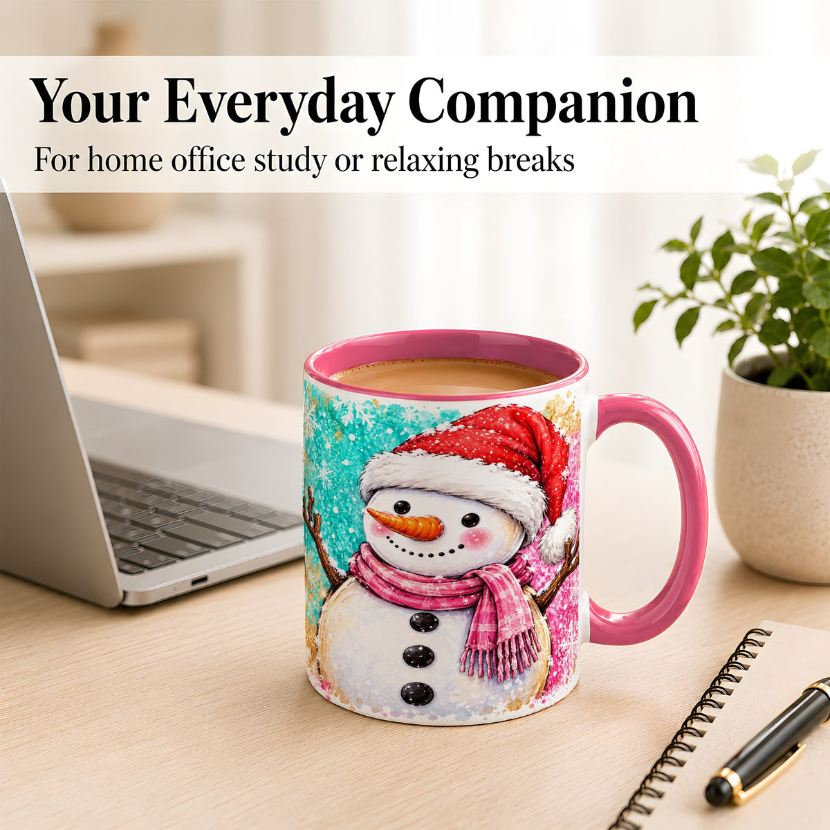 #pl[11oz|Pink] Watercolor Snowman Coffee Mug, Pink Winter Snowman Mug, Ceramic Cup