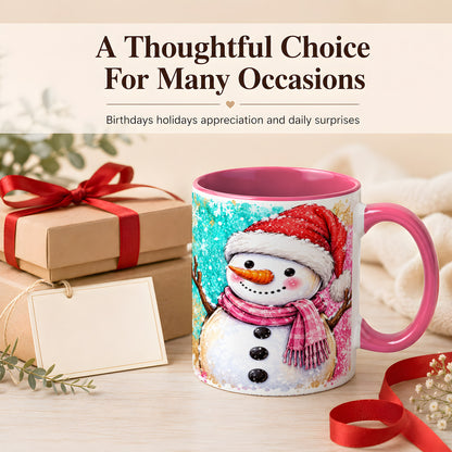 #pl[11oz|Pink] Watercolor Snowman Coffee Mug, Pink Winter Snowman Mug, Ceramic Cup