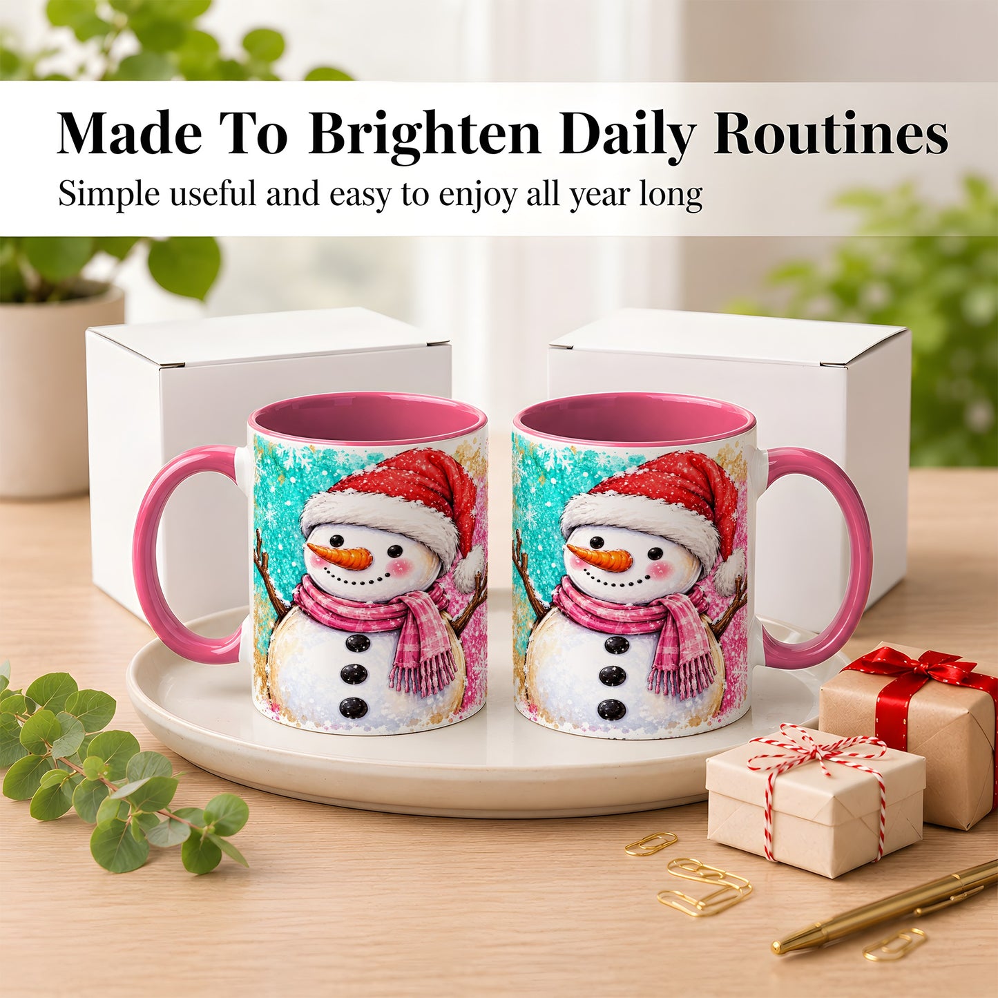 #pl[11oz|Pink] Watercolor Snowman Coffee Mug, Pink Winter Snowman Mug, Ceramic Cup