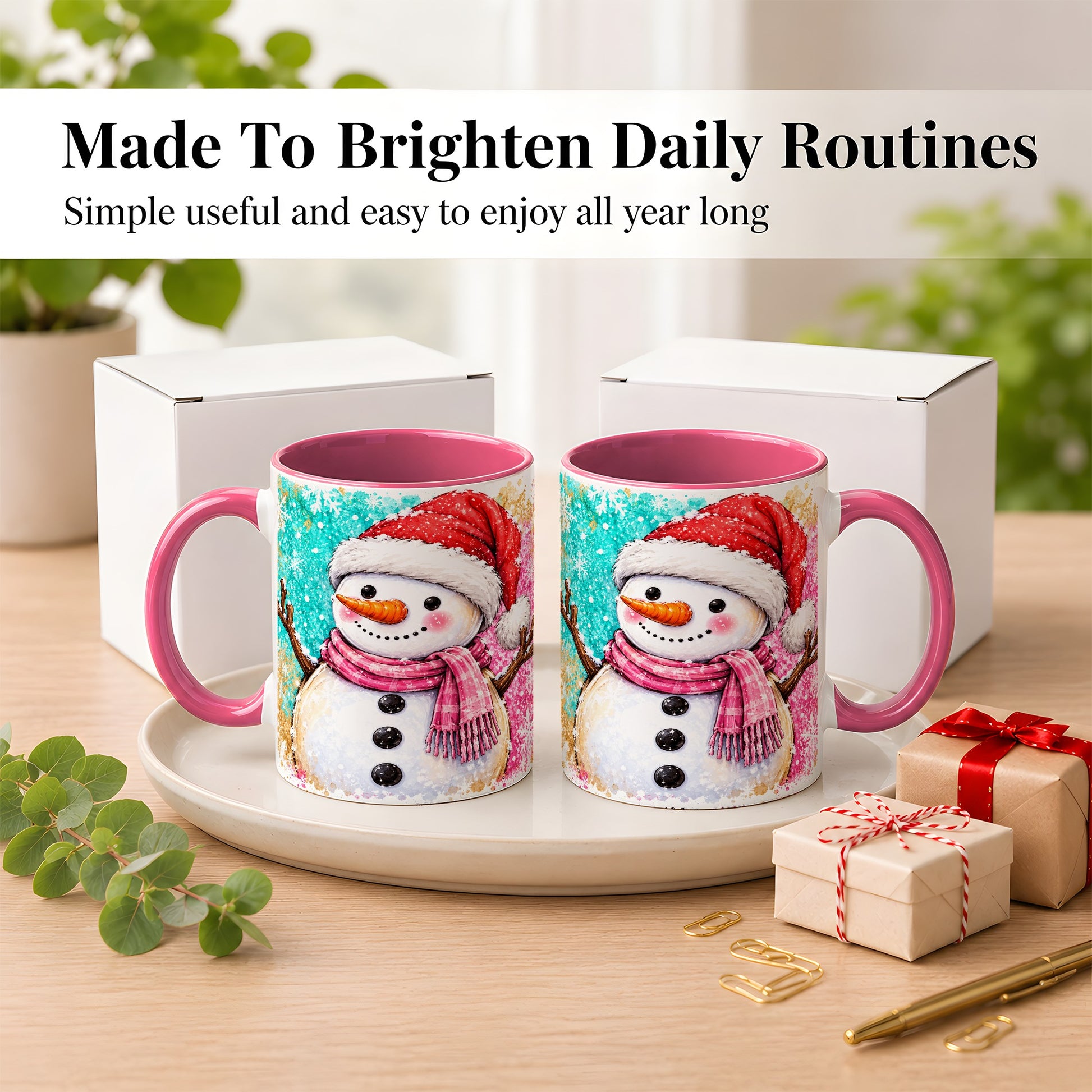 #pl[11oz|Pink] Watercolor Snowman Coffee Mug, Pink Winter Snowman Mug, Ceramic Cup