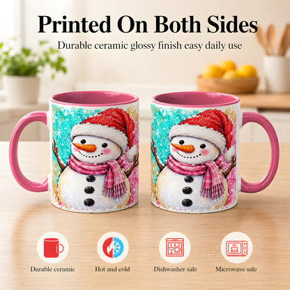 #pl[11oz|Pink] Watercolor Snowman Coffee Mug, Pink Winter Snowman Mug, Ceramic Cup