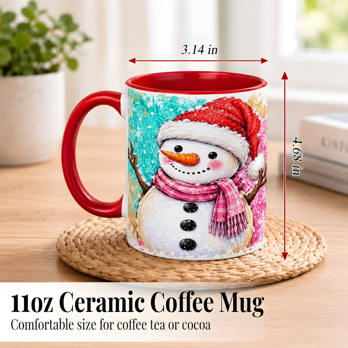 #pl[11oz|Red] Watercolor Snowman Coffee Mug, Pink Winter Snowman Mug, Ceramic Cup